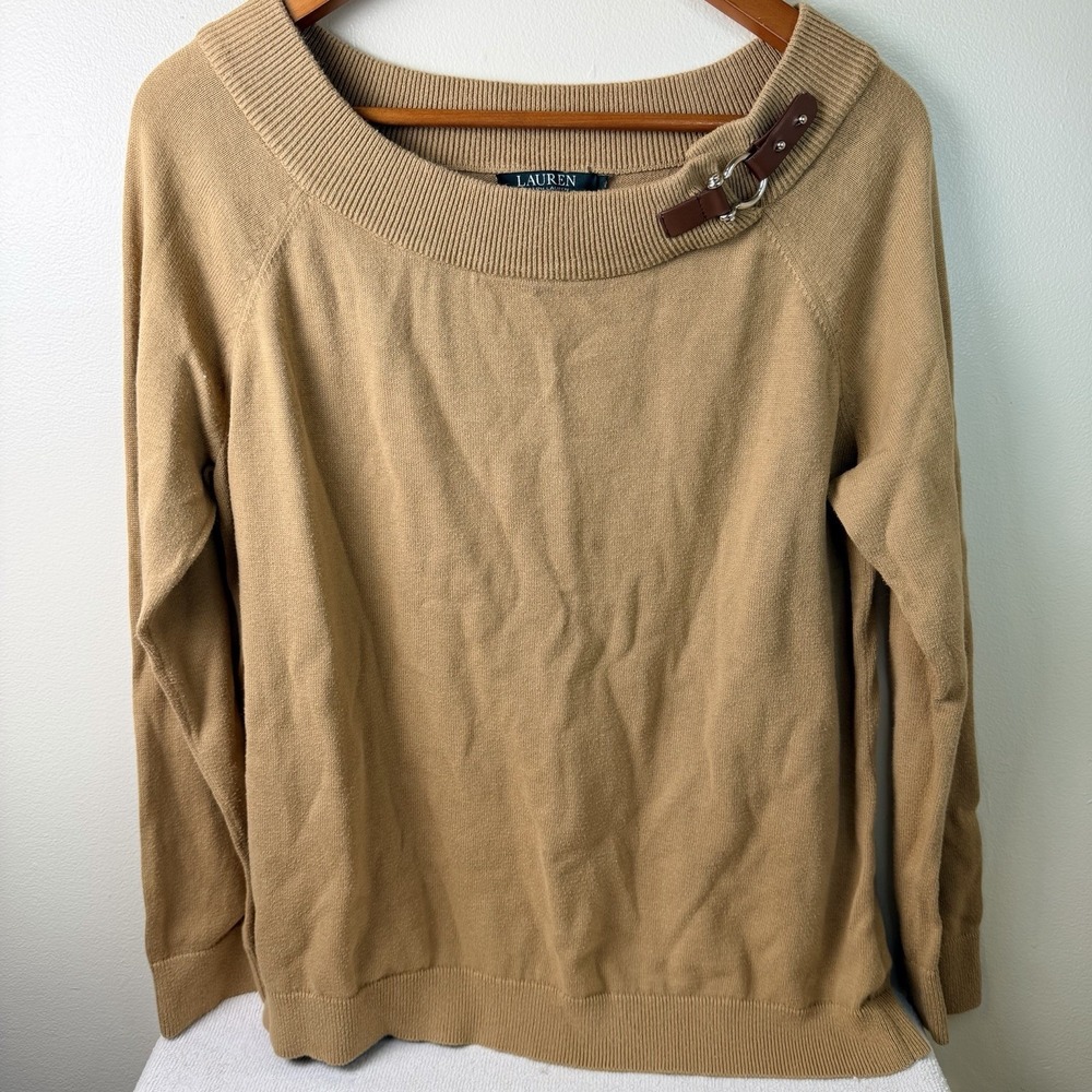Lauren Ralph Lauren Bateau Neck Sweater Tan‎ Cotton w/Faux Leather Accent Size L
